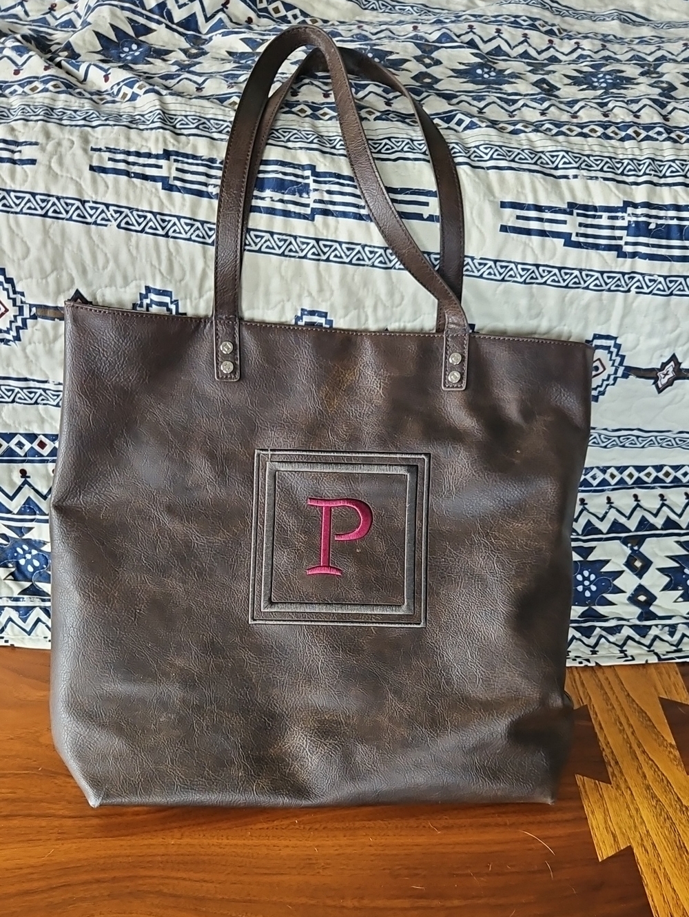 thirty-one Brown Tote with Pink 'P' Monogram